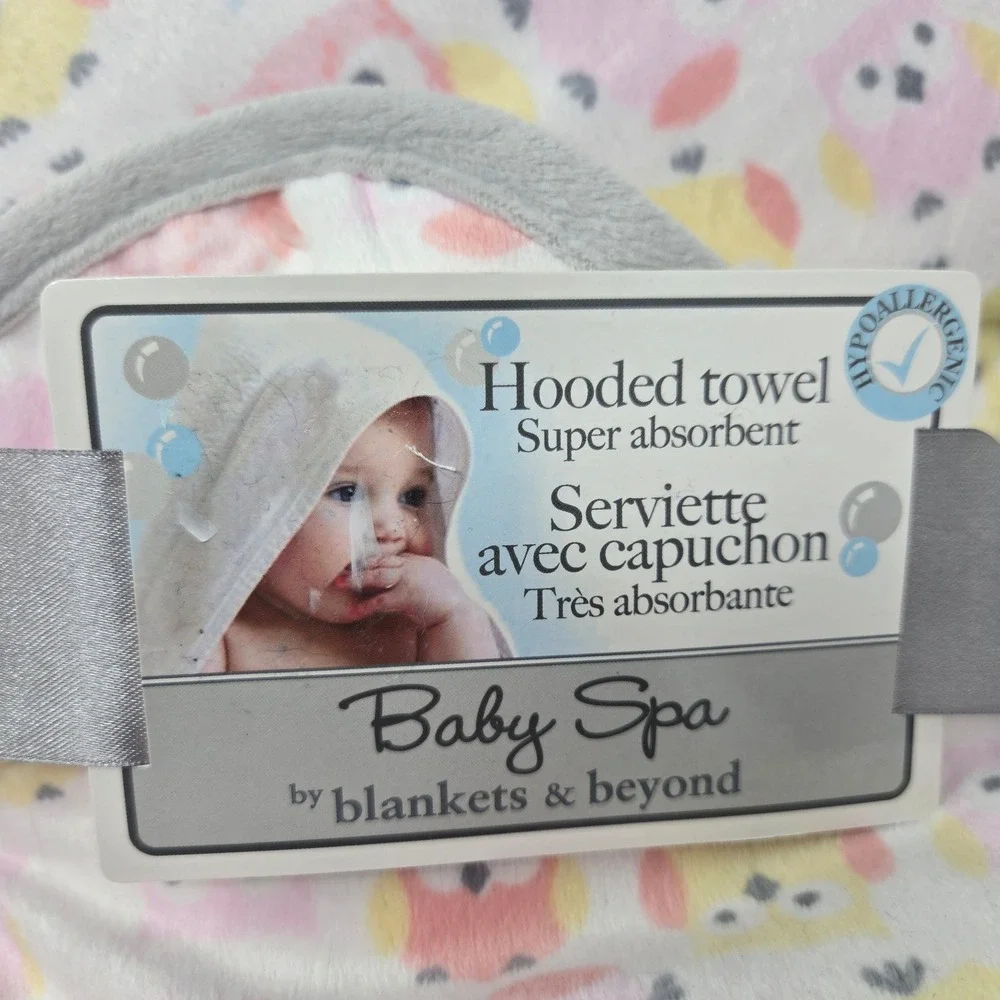 Blankets & Beyond Baby Spa Hooded Towel Pink Yellow Owl 30x30 Hypoallergenic